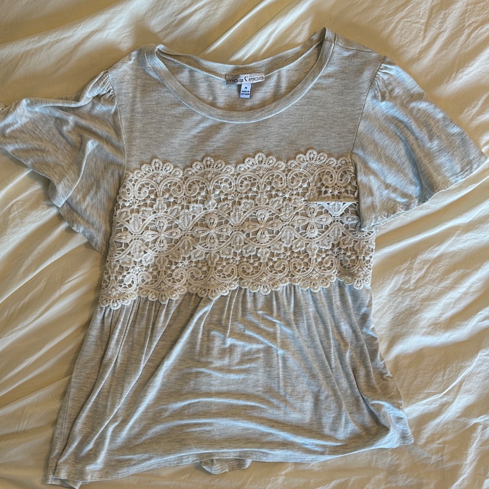 Ava & Viv Light Gray Lace Detail Top